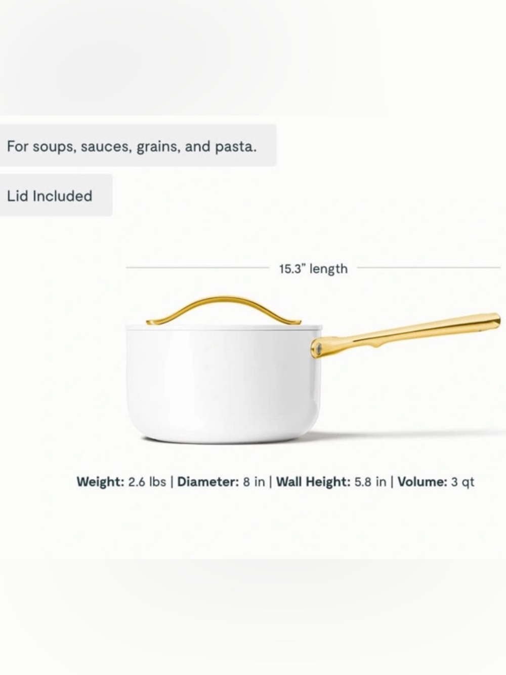Caraway Nonstick Ceramic Sauce Pan with Lid (3 qt) | White + Gold